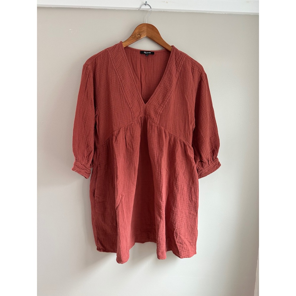 Madewell Double-Gauze Mini Dress Women M Rust EUC V-Neck Puff Sleeve‎ Pockets